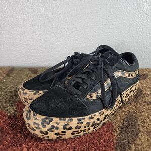 Vans Old Skool Platform Leopard Print Black Brown Shoes Women's Size 9 Skater